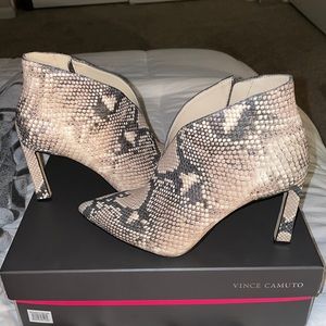 vince camuto snakeskin heeled booties